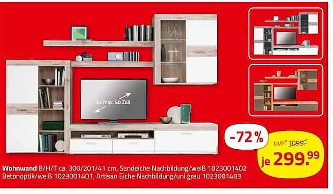 Wohnwand B/H/T ca. 300/201/41 cm, Sandeiche Nachbildung/weiß 1023001402 Betonoptik/weiß 1023001401, Artisan Eiche Nachbildung/uni grau 1023001403