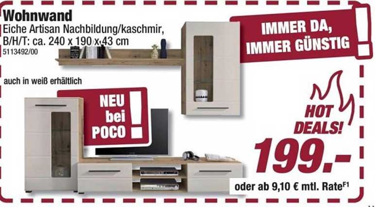 Wohnwand Eiche Artisan Nachbildung/kaschmir, B/H/T: ca. 240 x 190 x43 cm