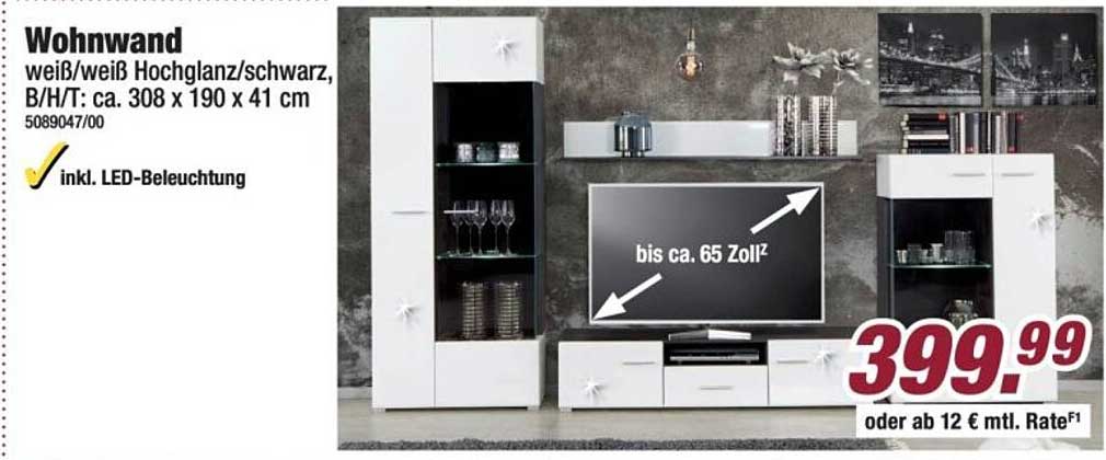 Wohnwand weiß/weiß Hochglanz/schwarz, B/H/T: ca. 308 x 190 x 41 cm