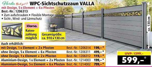 WPC-Sichtschutzzaun VALLA mit Design, 5 x Element + 6 x Pfosten
