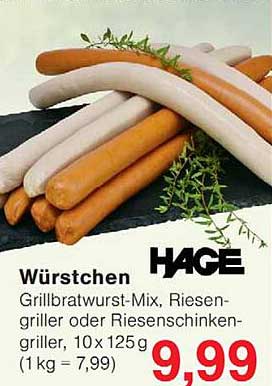 Würstchen Grillbratwurst-Mix, Riesengriller oder Riesenschinken-griller, 10x 125g (1 kg = 7,99)