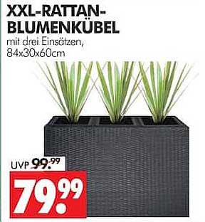 XXL-RATTAN-BLUMENKÜBEL mit drei Einsätzen, 84x30x60cm