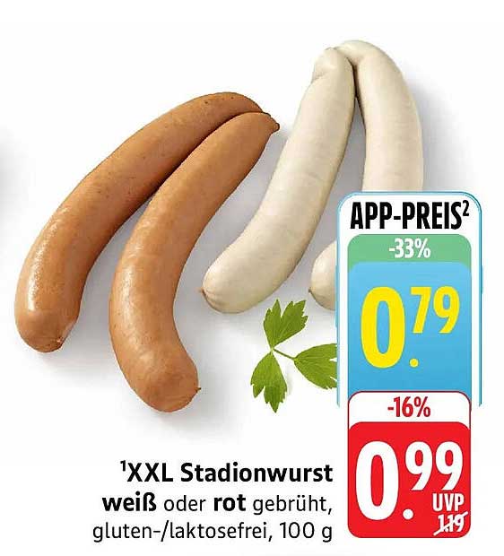 XXL Stadionwurst weiß oder rot gebrüht, gluten-/laktosefrei, 100 g