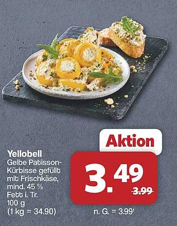 Yellobell Gelbe Patisson-Kürbisse gefüllt mit Frischkäse, mind. 45 % Fett i. Tr. 100 g (1 kg = 34.90)