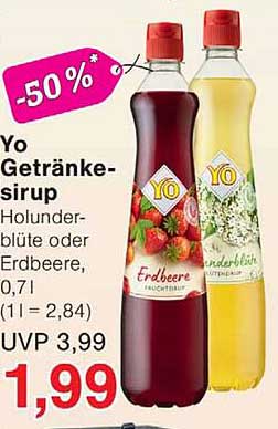 Yo Getränke-sirup Holunderblüte oder Erdbeere, 0,7 l (1 l = 2,84) UVP 3,99