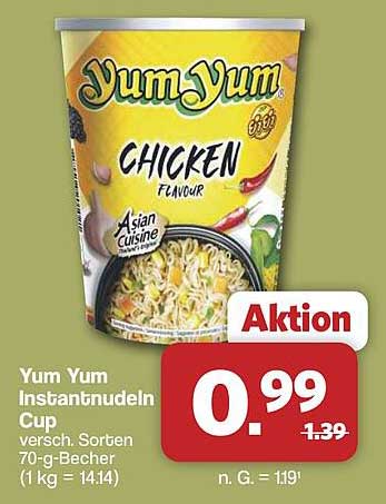 Yum Yum Instantnudeln Cup verssch. Sorten 70-g-Becher (1 kg = 14.14)