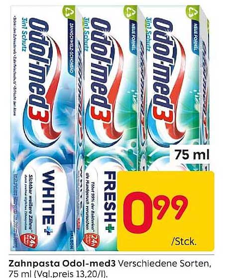 Zahnpasta Odol-med3 Verschiedene Sorten, 75 ml (Vgl.preis 13,20/l).