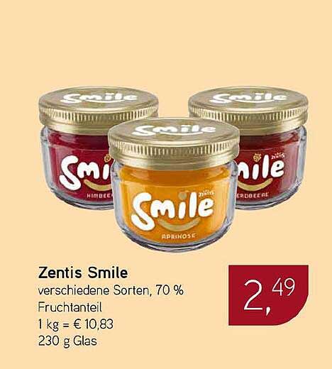 Zentis Smile verschiedene Sorten, 70 % Fruchtanteil 1 kg = € 10,83 230 g Glas