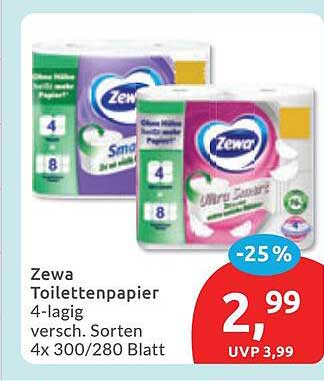 Zewa Toilettenpapier 4-lagig versch. Sorten 4x 300/280 Blatt