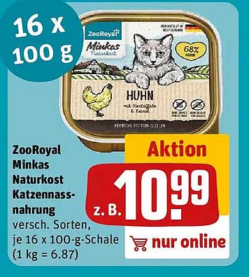 ZooRoyal Minkas Naturkost Katzennassnahrung versch. Sorten, je 16 x 100-g-Schale (1 kg = 6.87)