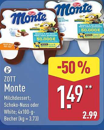 Zott Monte Milchdessert; Schoko-Nuss oder White; 4x100-g-Becher (kg = 3.73)