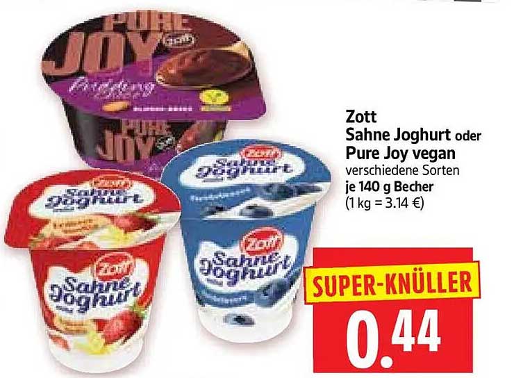 Zott Sahne Joghurt oder Pure Joy vegan verschiedene Sorten je 140 g Becher (1 kg = 3.14 €)