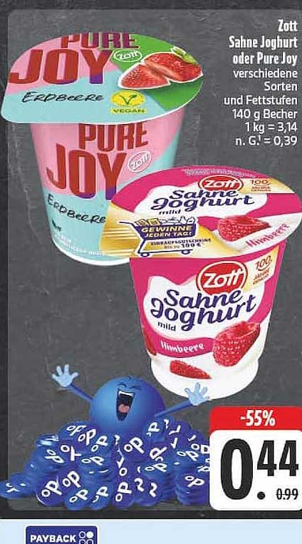 Zott Sahne Joghurt oder Pure Joy verschiedene Sorten und Fettstufen 140 g Becher 1 kg = 3,14 n. G. = 0,39
