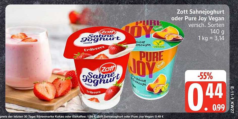 Zott Sahnejoghurt oder Pure Joy Vegan versch. Sorten 140 g 1 kg = 3,14