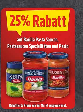 25% Rabatt auf Barilla Pasta Sauces, Pastasaucen Spezialitäten und Pesto