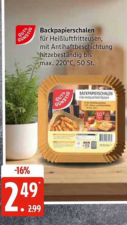 Backpapierschalen für Heißluftfritteusen, mit Antihaftbeschichtung, hitzebeständig bis max. 220°C, 50 St.