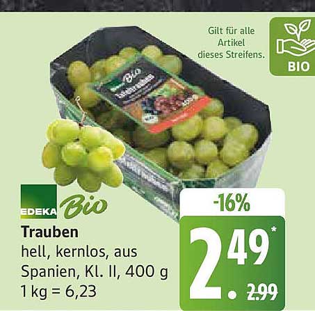 EDEKA Bio Trauben hell, kernlos, aus Spanien, 400 g