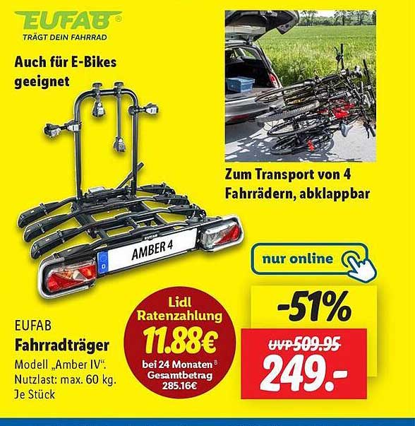 EUFAB Fahrradträger Modell 'Amber IV' - Ideal für 4 Fahrräder!