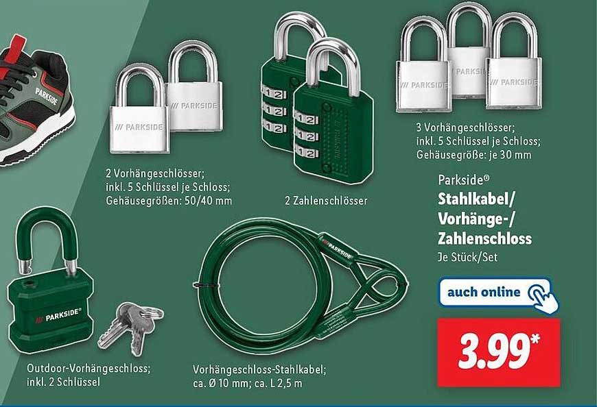 Parkside® Stahlkabel/Vorhänge-/Zahlenschloss Set