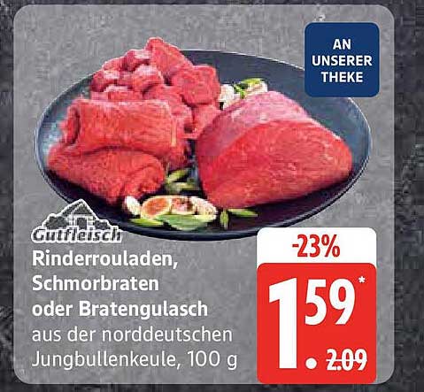 Rinderrouladen, Schmorfleisch oder Bratengulasch aus der norddeutschen Jungbullenkule, 100 g