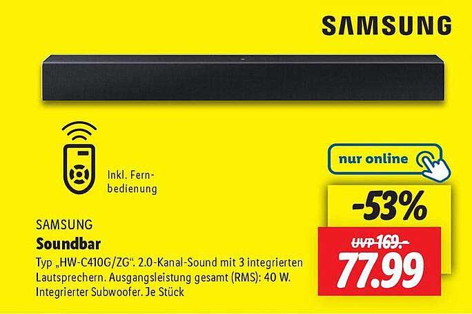 Samsung Soundbar Typ HW-C410G/ZG: 2.0-Kanal-Sound mit 3 integrierten Lautsprechern