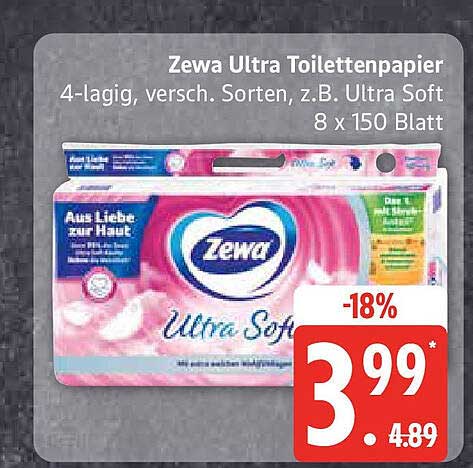 Zewa Ultra Toilettenpapier 4-lagig, versch. Sorten, z.B. Ultra Soft 8 x 150 Blatt
