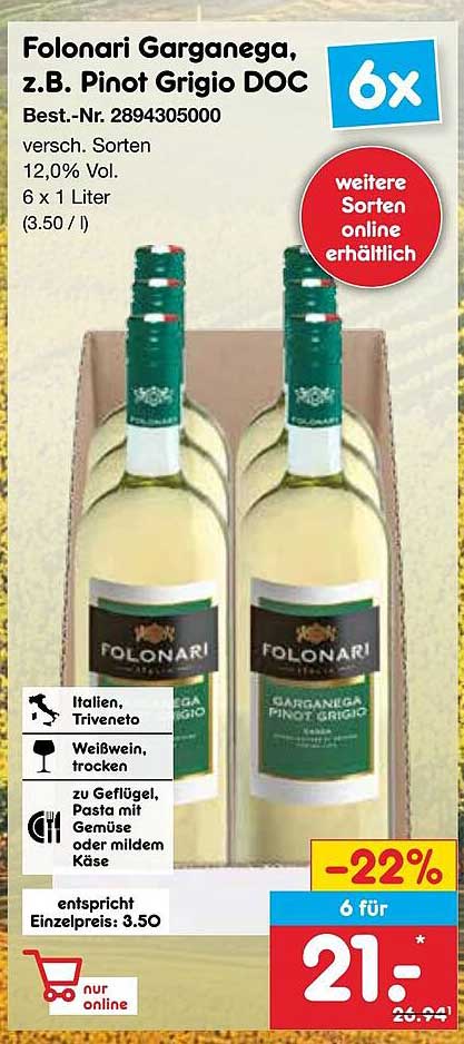 6 x 1 Liter Folonari Garganega, z.B. Pinot Grigio DOC