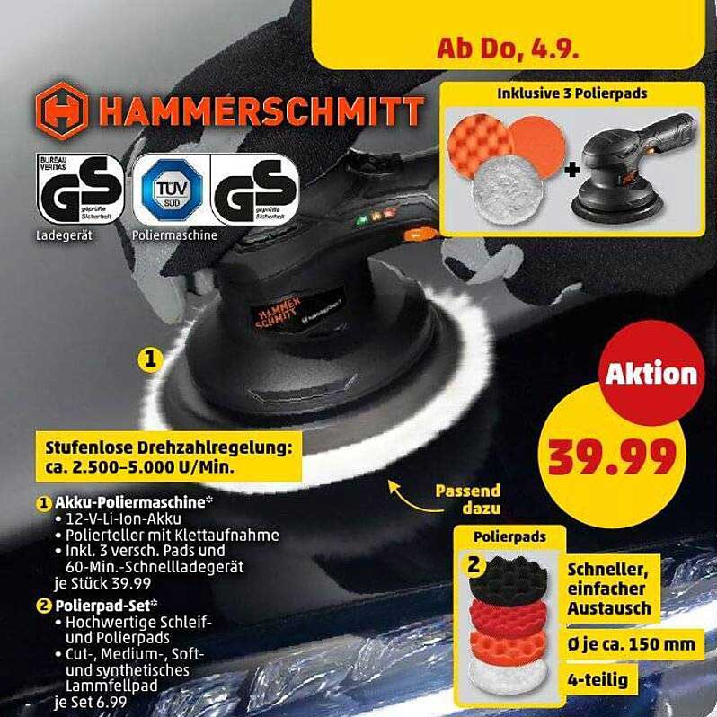 Akku-Poliermaschine von Hammerschmitt mit 3 Polierpads