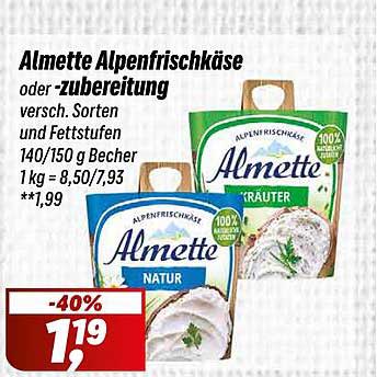 Almette Alpenfrischkäse oder -zubereitung - 40% rabattiert