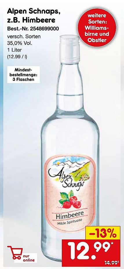 Alpen Schnaps, z.B. Himbeere 1 Liter