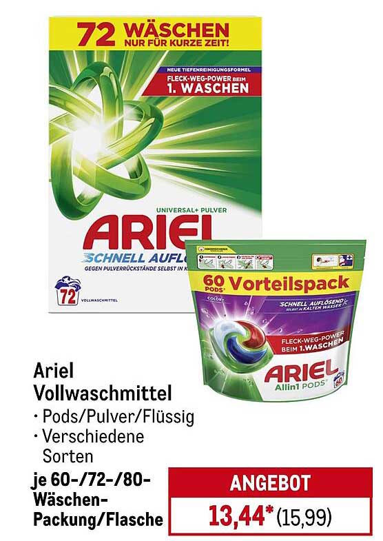 Ariel Vollwaschmittel – Pods/Pulver/Flüssig, 60-/72-/80-Wäschen