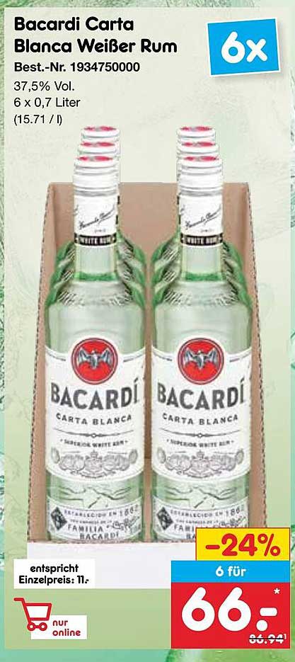 Bacardi Carta Blanca Weißer Rum 6 x 0,7 Liter