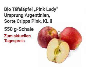Bio Tafeläpfel „Pink Lady“ aus Argentinien, sorte Cripps Pink, KL II, 550 g-Schale