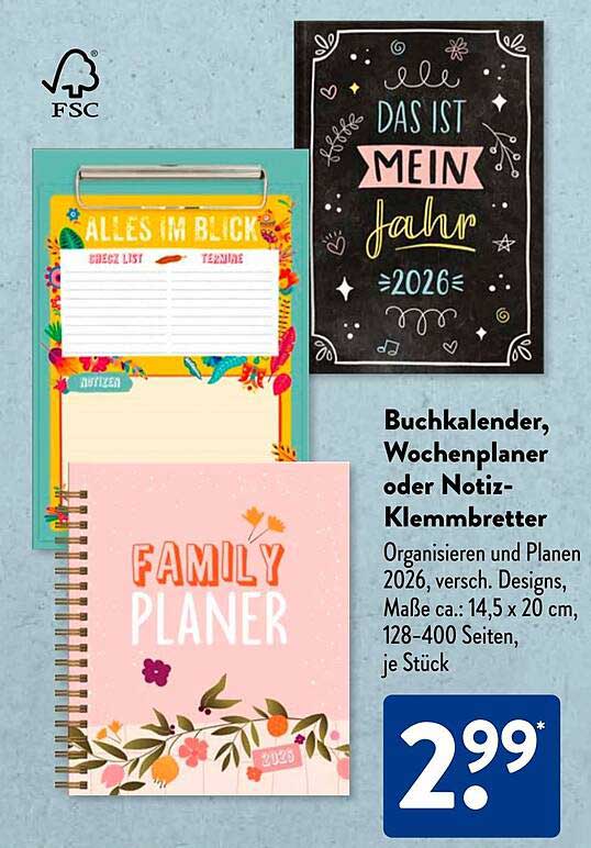 Buchkalender, Wochenplaner oder Notiz-Klemmbretter