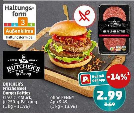 BUTCHER'S Frische Beef Burger Patties Classic, 2 Stück, je 250-g-Packung