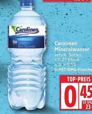Carolinien Mineralwasser versch. Sorten, + 0,25 Pfand n. G = 0,59 1l PET-DPG-Flaschen