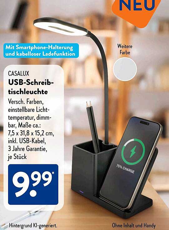 CASALUX USB-Schreibtischleuchte mit Smartphone-Halterung und kabelloser Ladefunktion