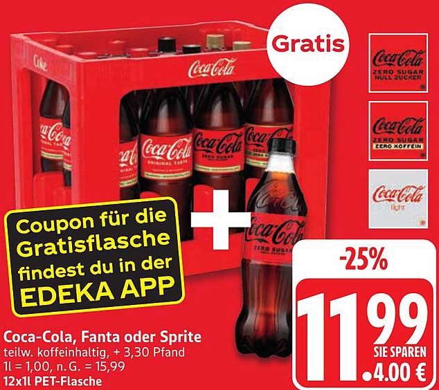 Coca-Cola, Fanta oder Sprite 12x1l PET-Flasche