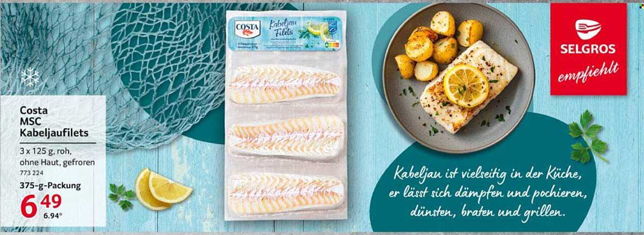 Costa MSC Kabeljaufilets 3x125 g, roh, ohne Haut, gefroren