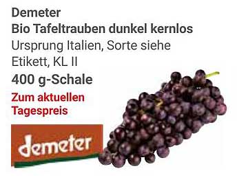 Demeter Bio Tafeltrauben dunkel kernlos 400 g-Schale