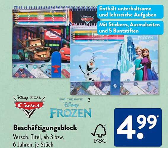 Disney Pixar Cars und Disney Frozen Beschäftigungsblock, je Stück