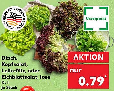 Dtsch. Kopfsalat, Lollo-Mix oder Eichblattsalat, lose, je Stück