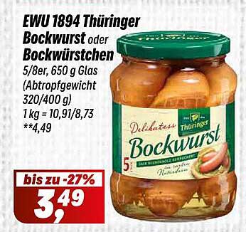 EWU 1894 Thüringer Bockwurst oder Bockwürstchen 650 g Glas