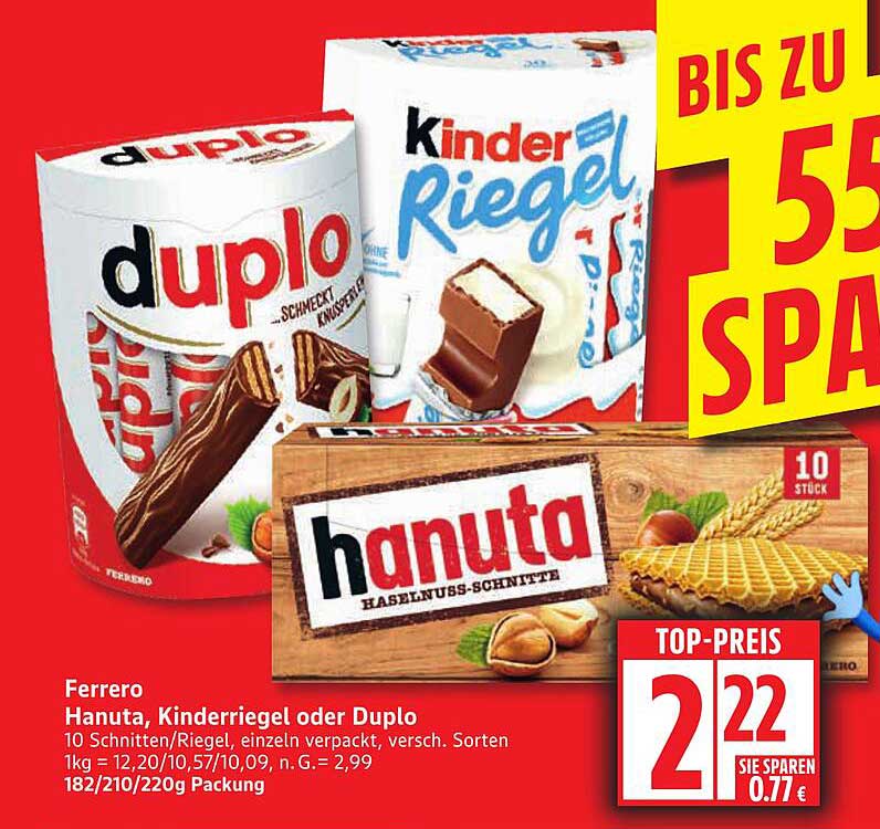 Ferrero Hanuta, Kinderriegel oder Duplo – 10 Schnitten/Riegel, einzeln verpackt