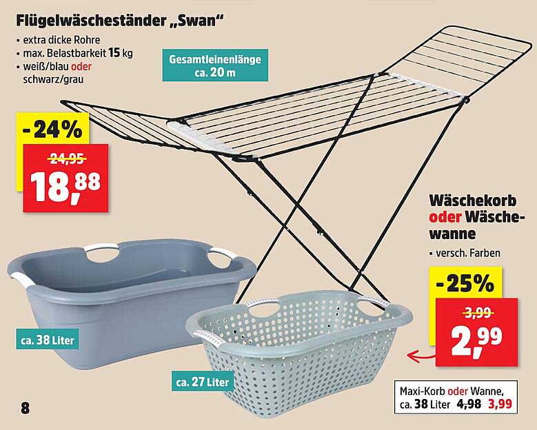 Flügelwäscheständer „Swan“ und Wäschekorb oder Wannen