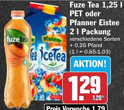 Fuze Tea 1,25 L PET oder Pfanner Eistee 2 L Packung