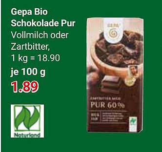 Gepa Bio Schokolade Pur Vollmilch oder Zartbitter, 100 g für 1,89 €