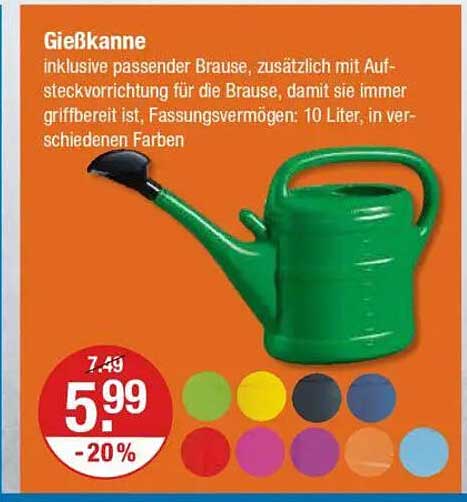 Gießkanne inklusive passender Brause, zusätzlich mit Aufsteckvorrichtung für die Brause, damit sie immer griffbereit ist, Fassungsvermögen: 10 Liter, in verschiedenen Farben