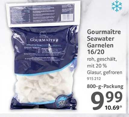 Gourmaître Seawater Garnelen 16/20, roh, geschält, mit 20 % Glasur, gefroren, 800-g-Packung