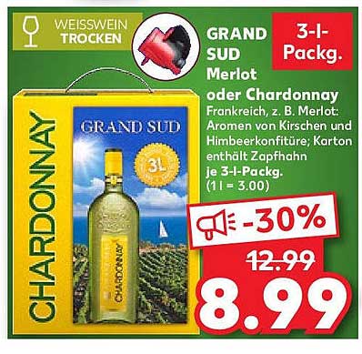 GRAND SUD Merlot oder Chardonnay 3l Pack